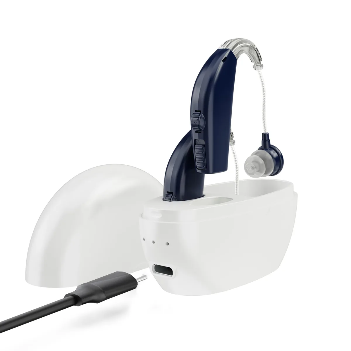 Pair of dark blue behind-the-ear hearing amplifiers with USB charging case