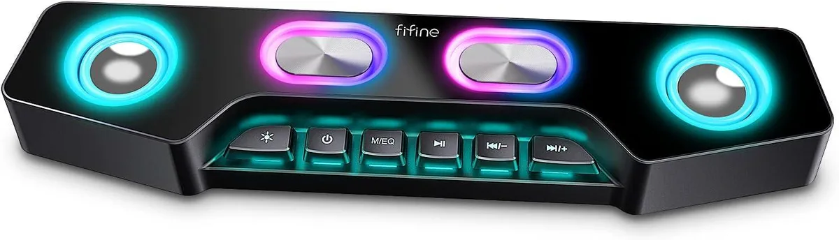Black rectangular desktop speaker with RGB lighting and top-mounted control buttons