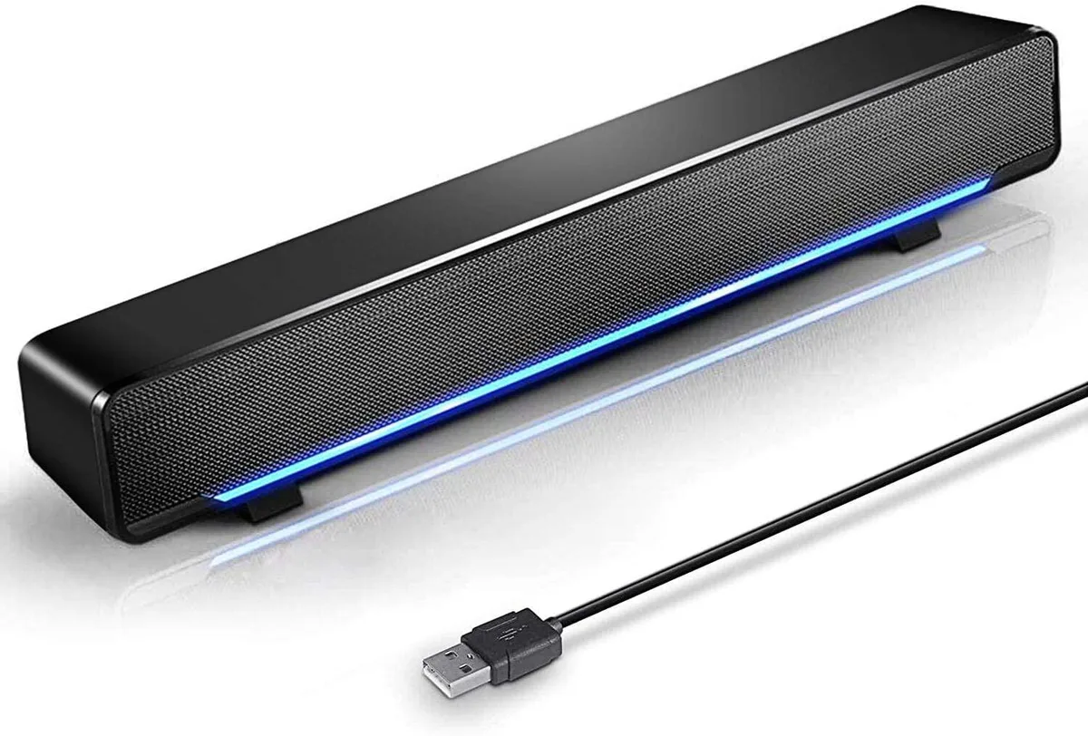 Compact black USB speaker bar with dual drivers