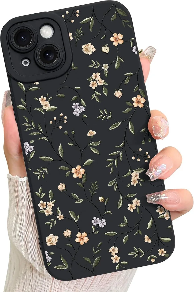 Soft black TPU case for iPhone 15 with colourful floral print