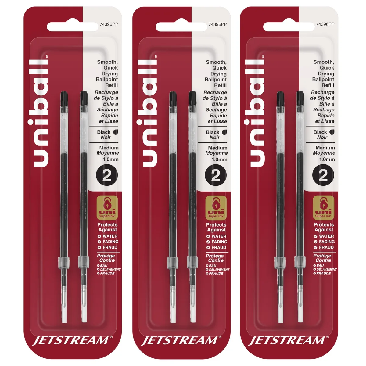 Six black 1.0 mm ballpoint refills in clear plastic pack