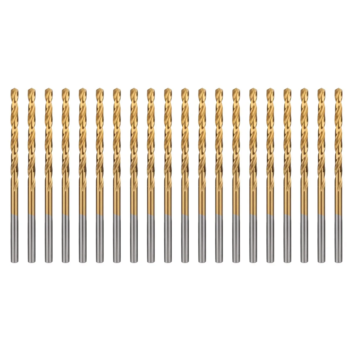 Twenty gold titanium-coated 1/16 inch drill bits in a clear plastic case