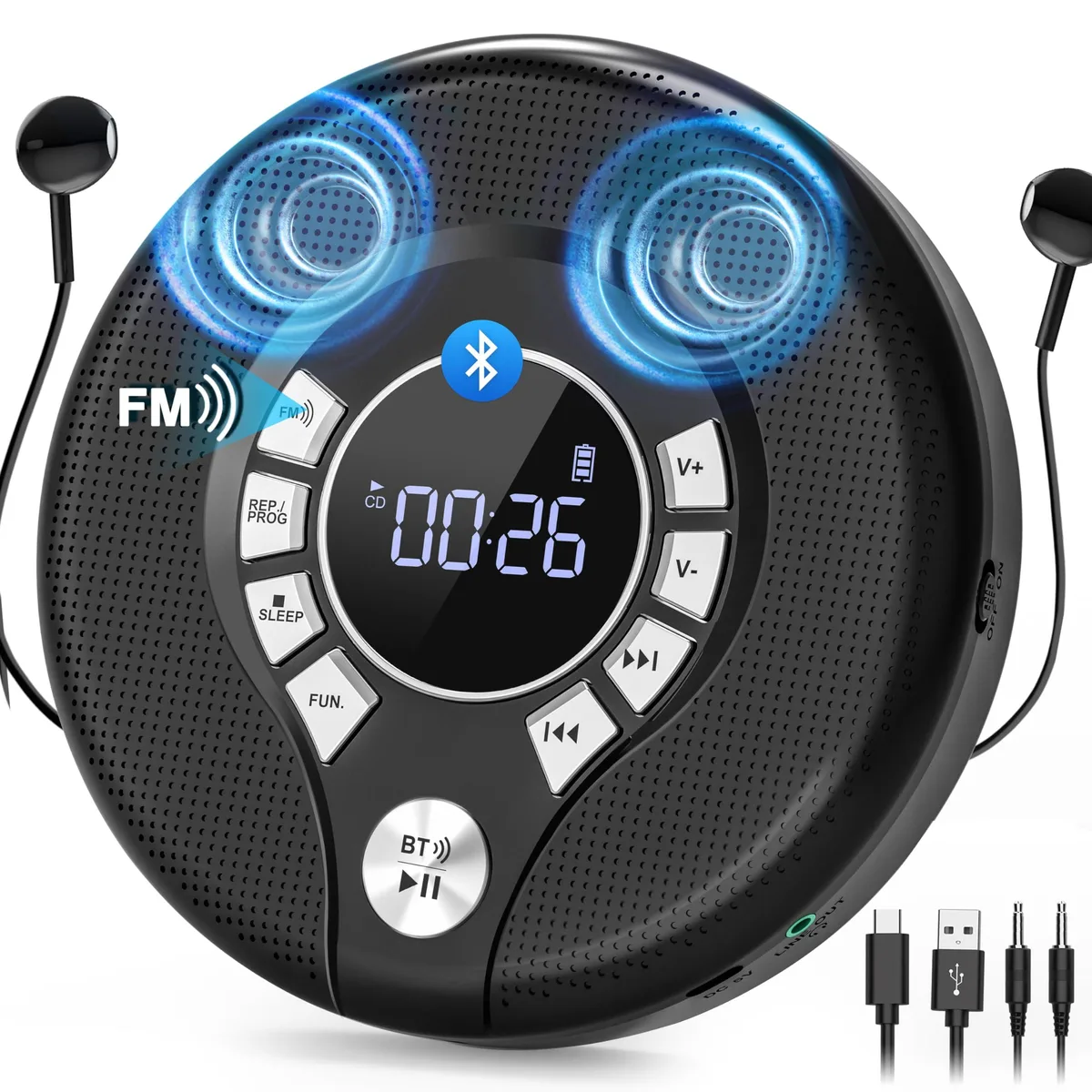  Portable Bluetooth CD Player 2000mAh Black — product photo
