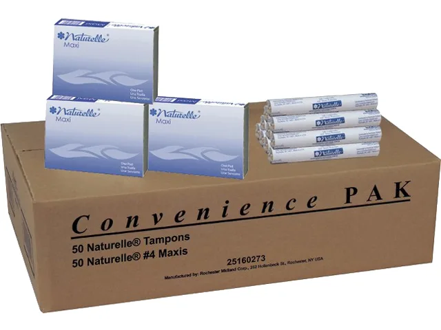 White cardboard dispenser box containing individually wrapped hygiene products