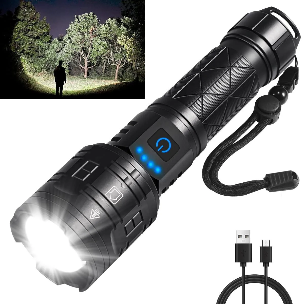 Silver aluminium flashlight, 6.6in long, Type-C port, adjustable head