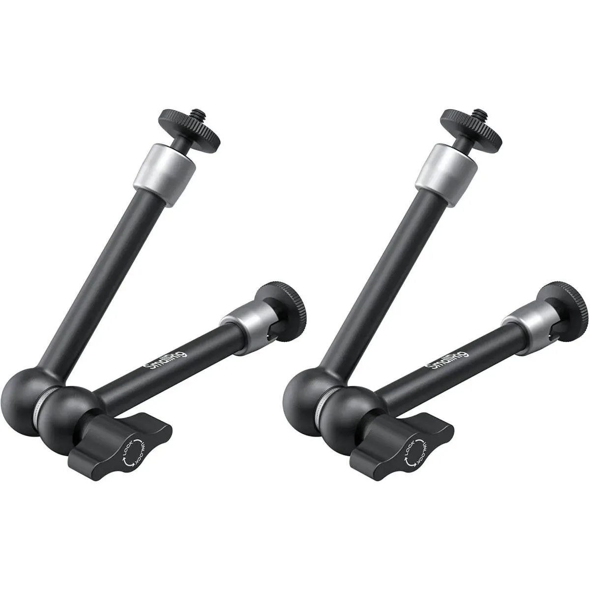 Two silver aluminium magic arms with black locking knobs and 1/4"-20 screws, 9.8 inches long, 2-pack