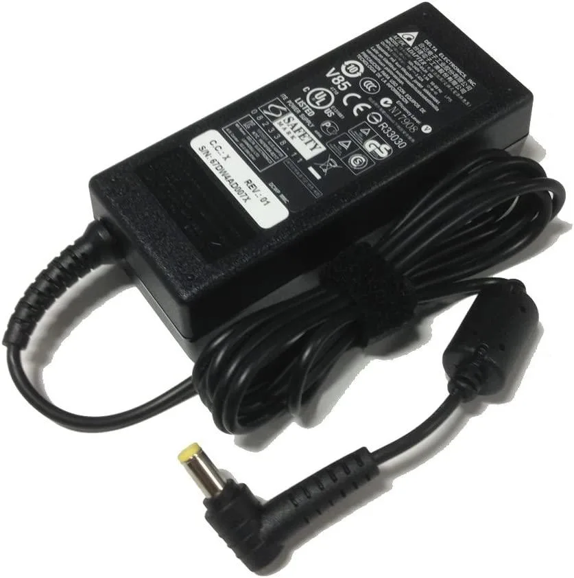 Black rectangular power brick with yellow barrel connector and detachable US power cord