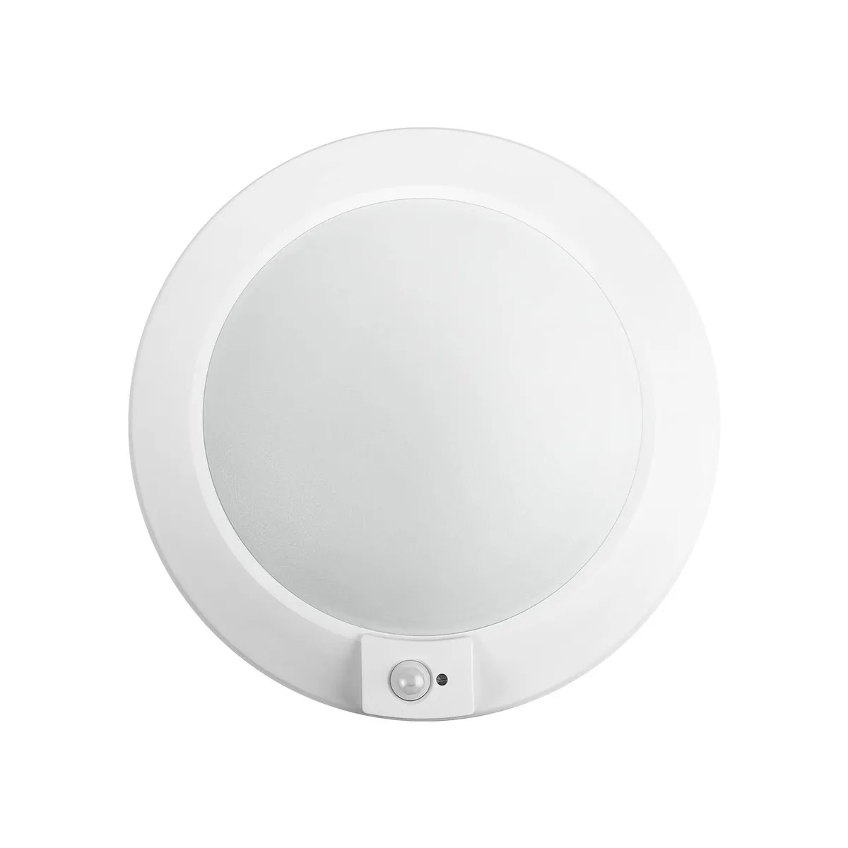 White flush-mount LED disc light with clear prismatic lens and motion sensor
