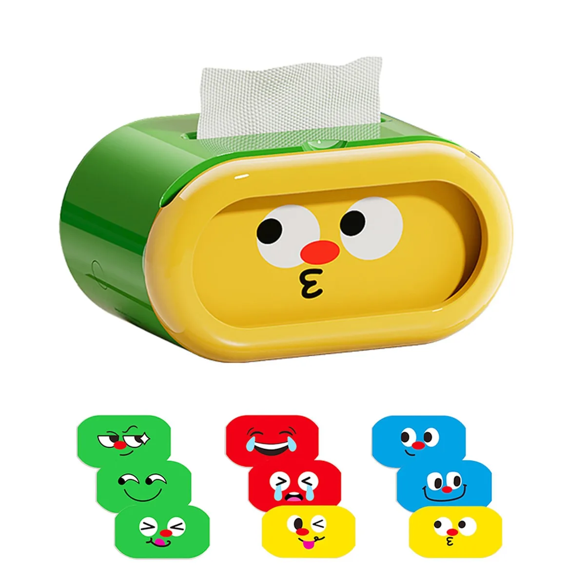 Kids tissue box cover with spring base and changeable face cards