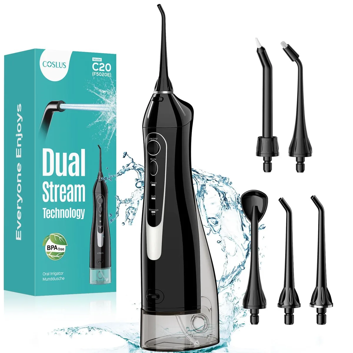 Black cordless water flosser with 300ml tank and multiple jet tips