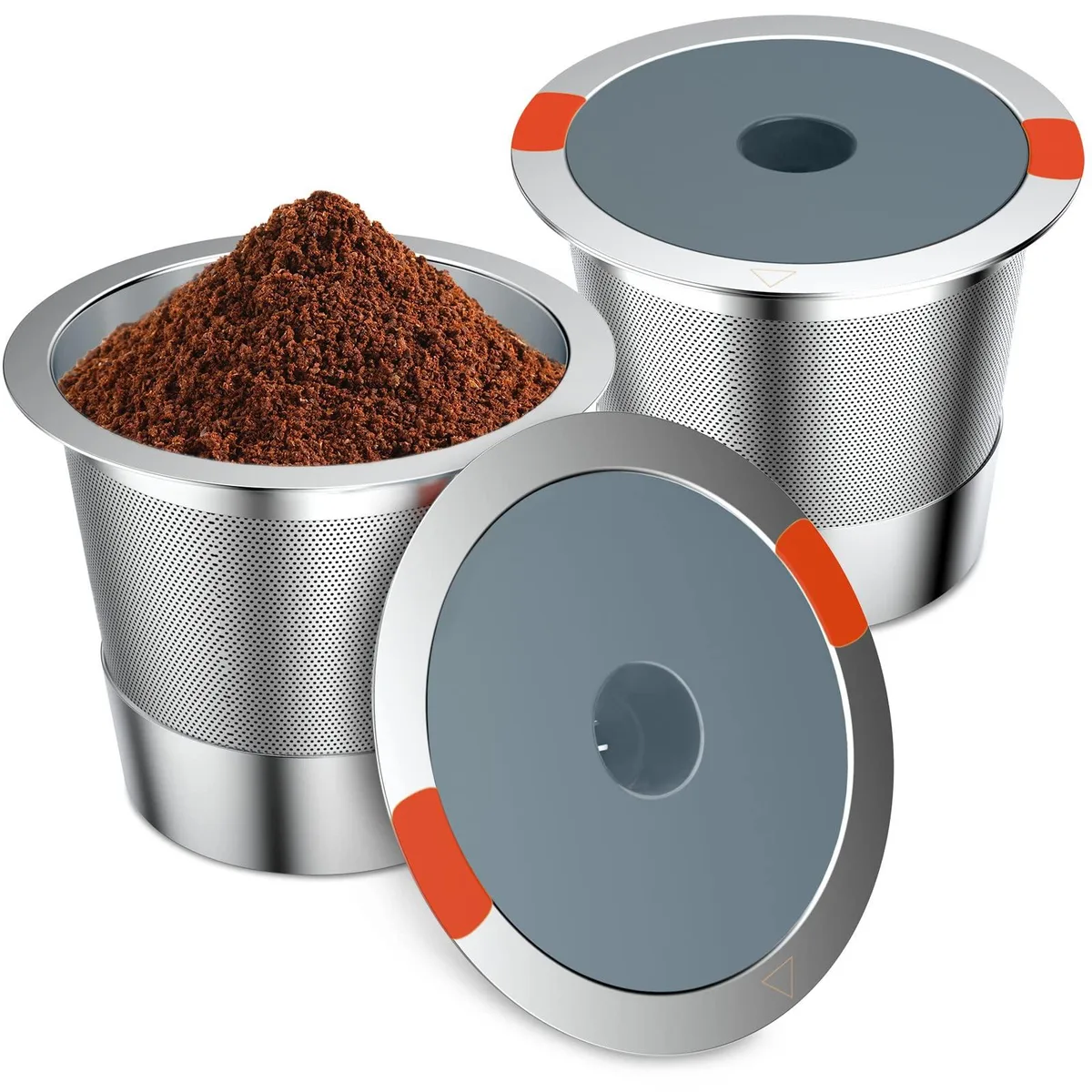 Two stainless steel mesh coffee pods with lids