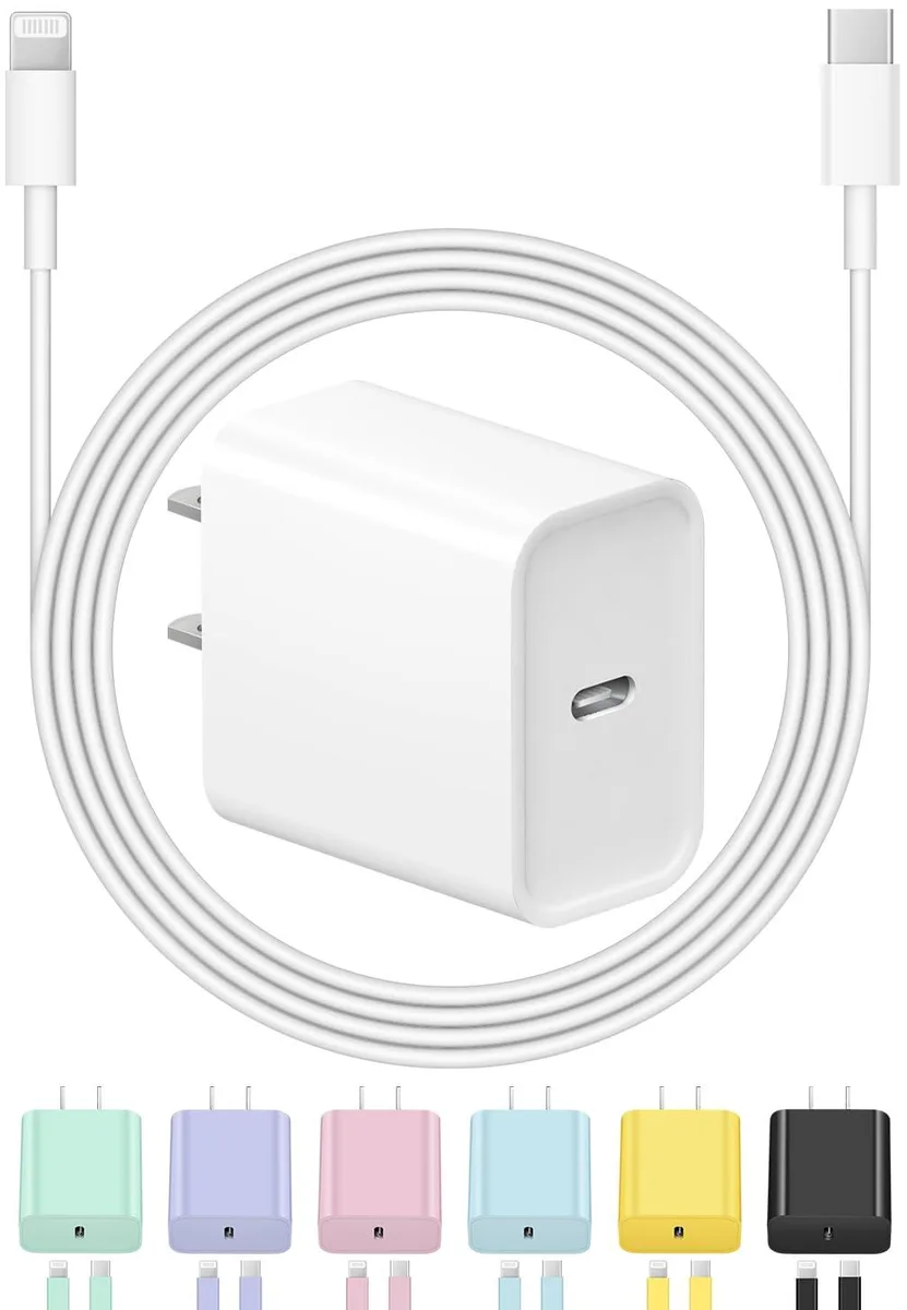 Compact white USB-C wall charger with six-foot white Lightning cable