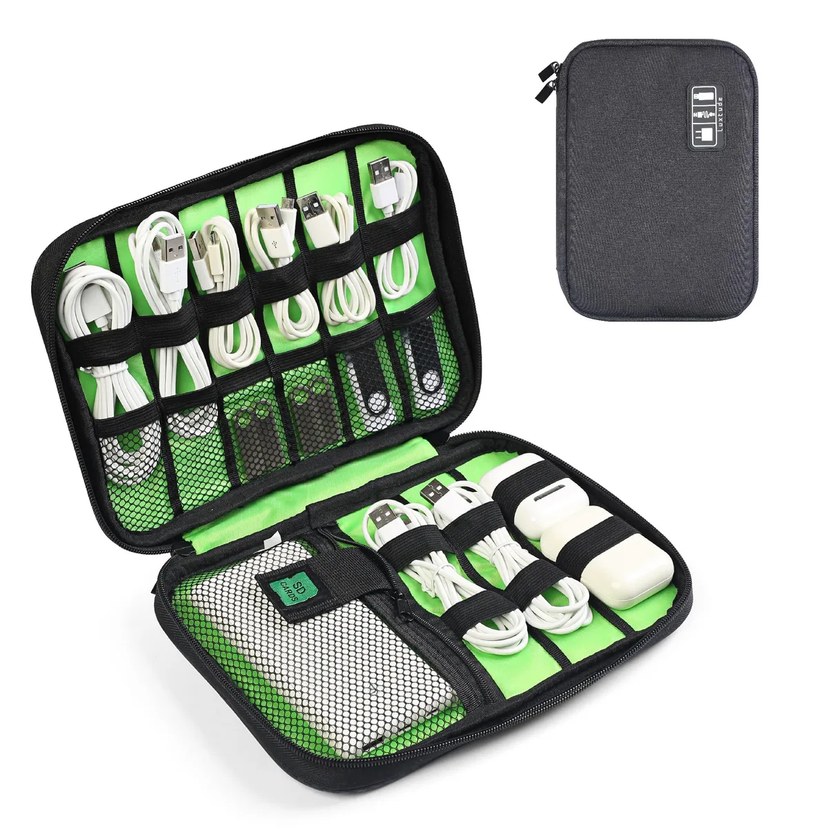 Small rectangular cable organiser bag in dark fabric with dual zipper closure
