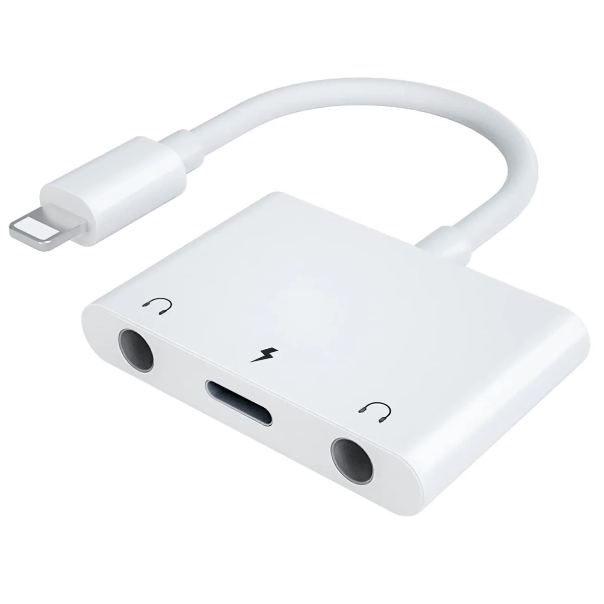 White Lightning adapter with two 3.5mm jacks and a charging port