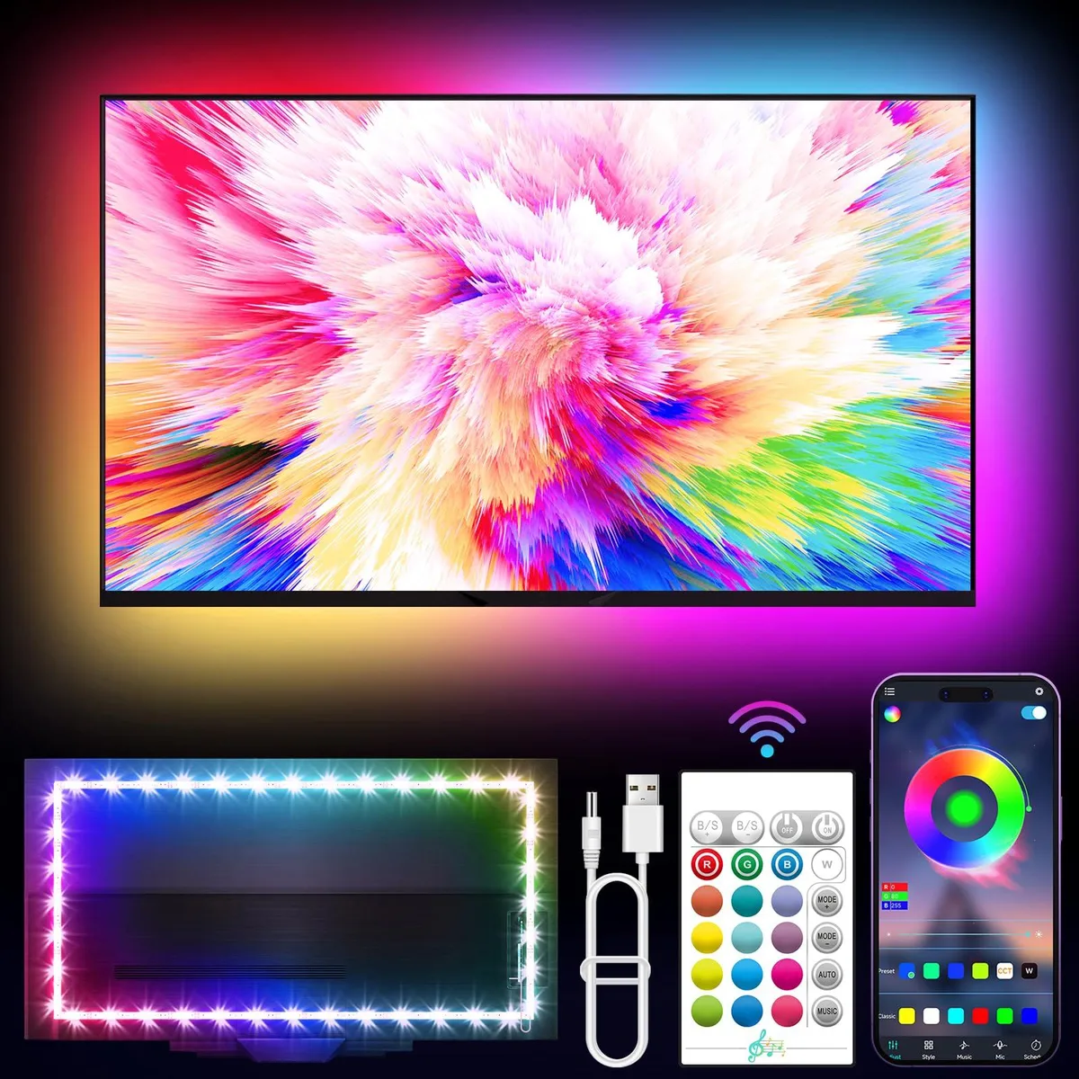Coiled 16.4ft multicolour LED strip on reel with USB plug and small remote