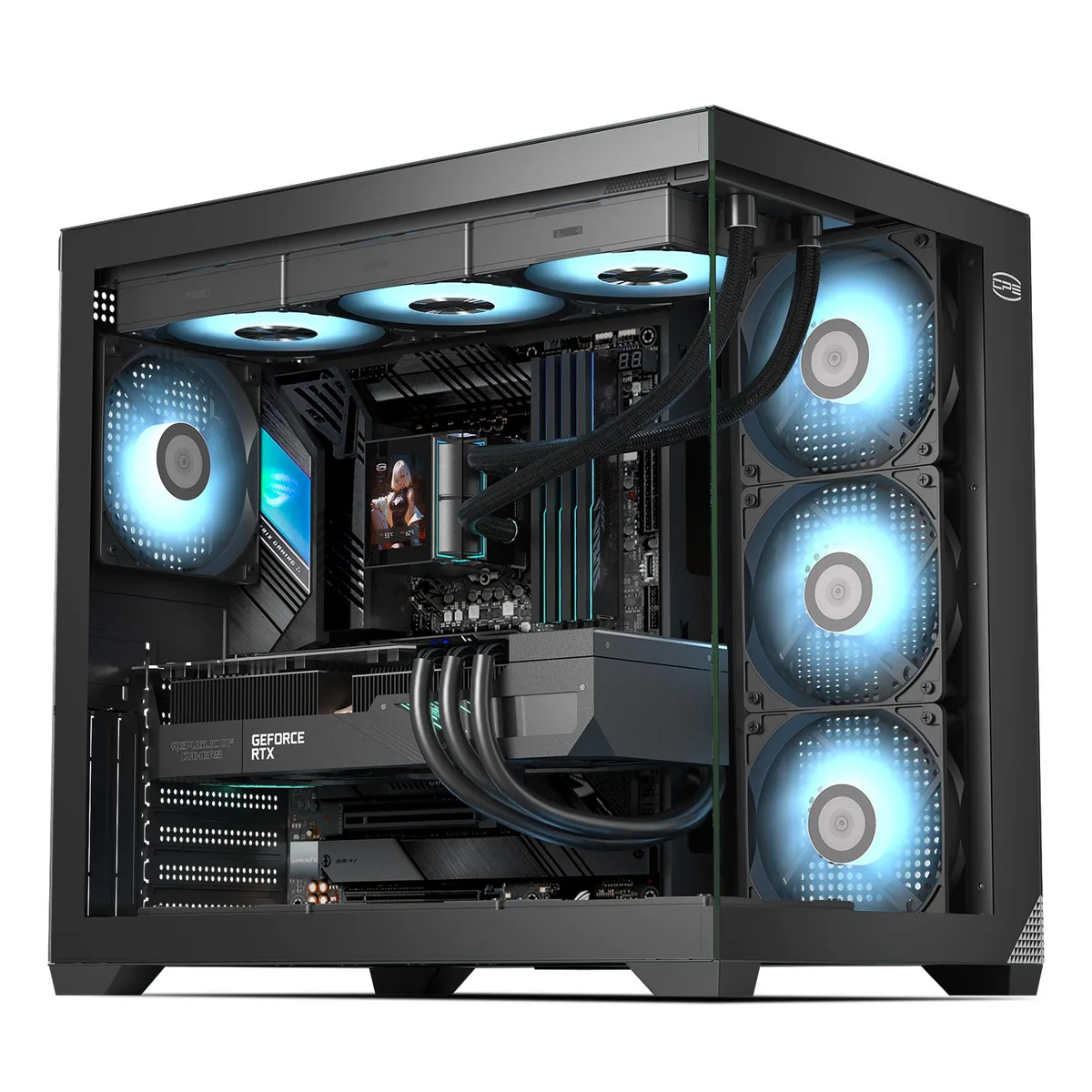 Black dual-chamber mid-tower case with tempered glass front and side panels, ATX motherboard support