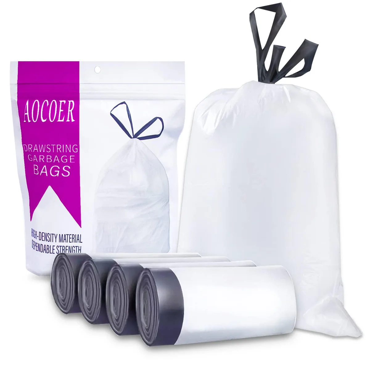 White 15-litre drawstring garbage bags, 72-count pack, tear-free HDPE material