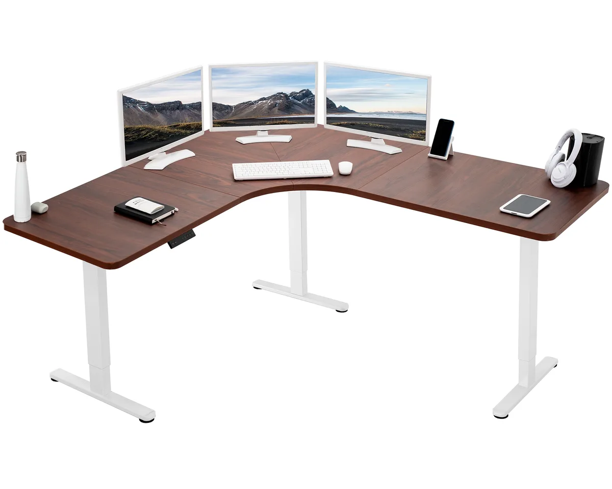 VIVO VIVO Dark Walnut/White Electric Curved Corner Desk 71" x 71 — product photo