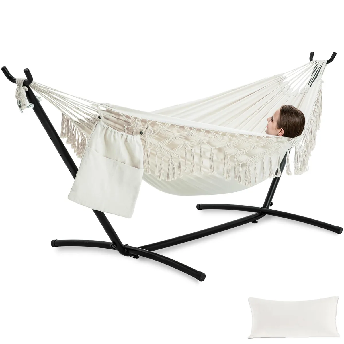 Beige hand-woven tassel hammock on powder-coated steel stand with pillow and storage bag