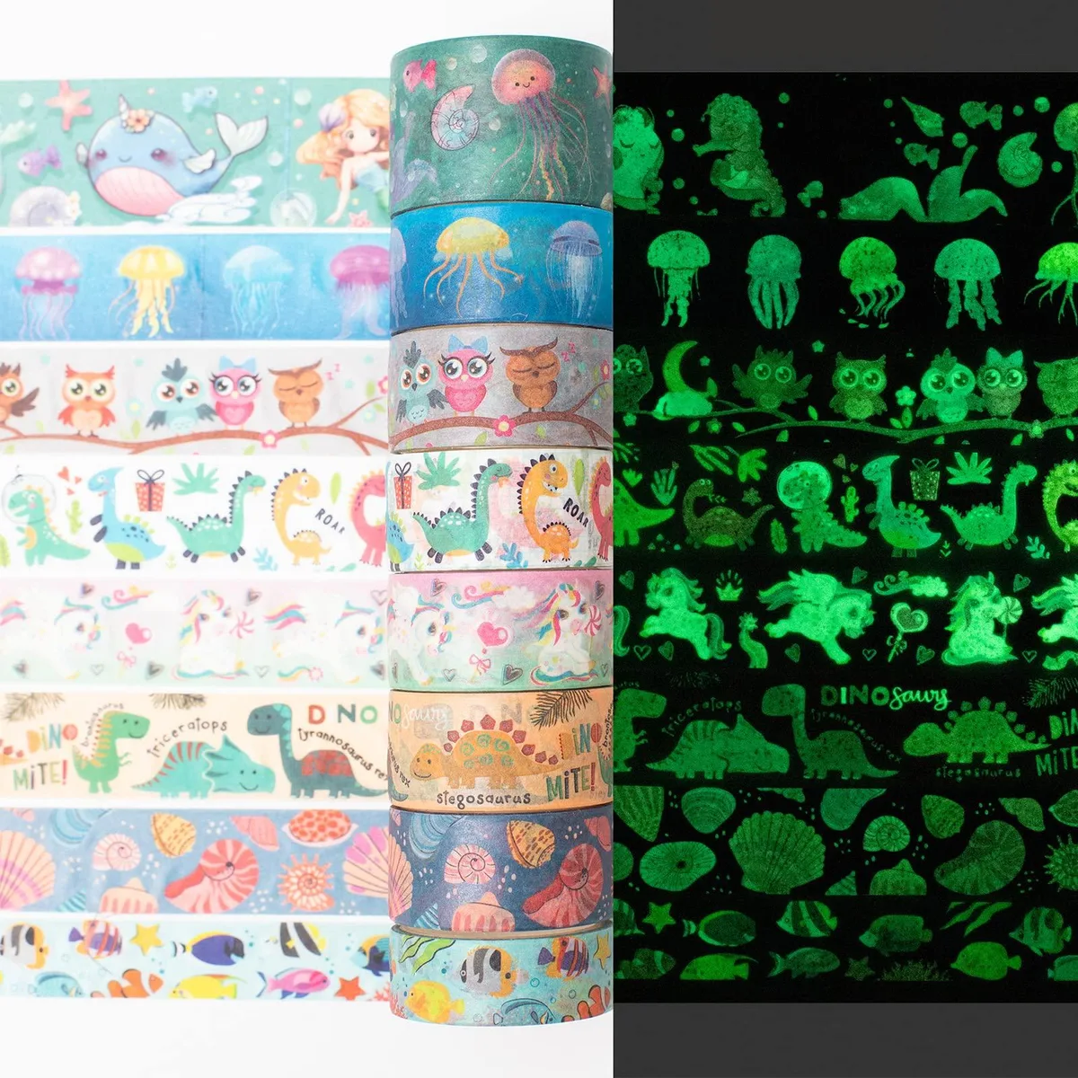 YUBX YUBX Luminous Animals Washi Tape 8 Rolls 15/20/28mm 10ft Glow Dark — product photo