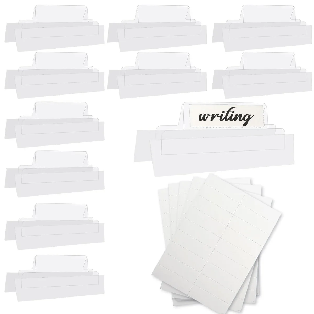 Pack of 100 clear plastic insertable self-adhesive tabs with printable inserts and labels