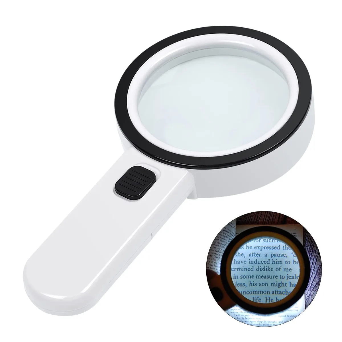 White handheld magnifier with 80mm double-layer glass lens and 12 LED lights