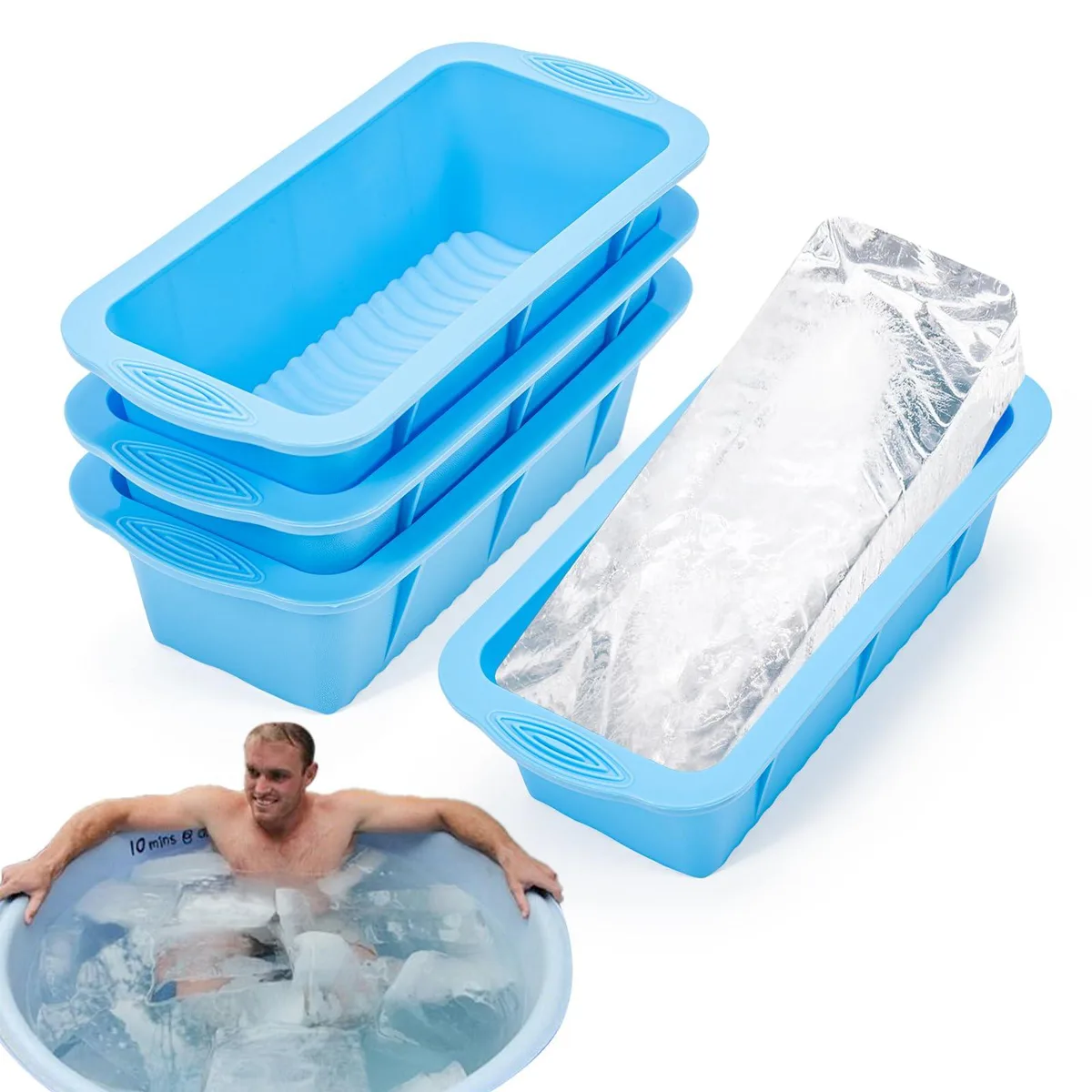 Four blue rectangular silicone ice-block moulds 7.5 by 4.9 by 2.9 inches