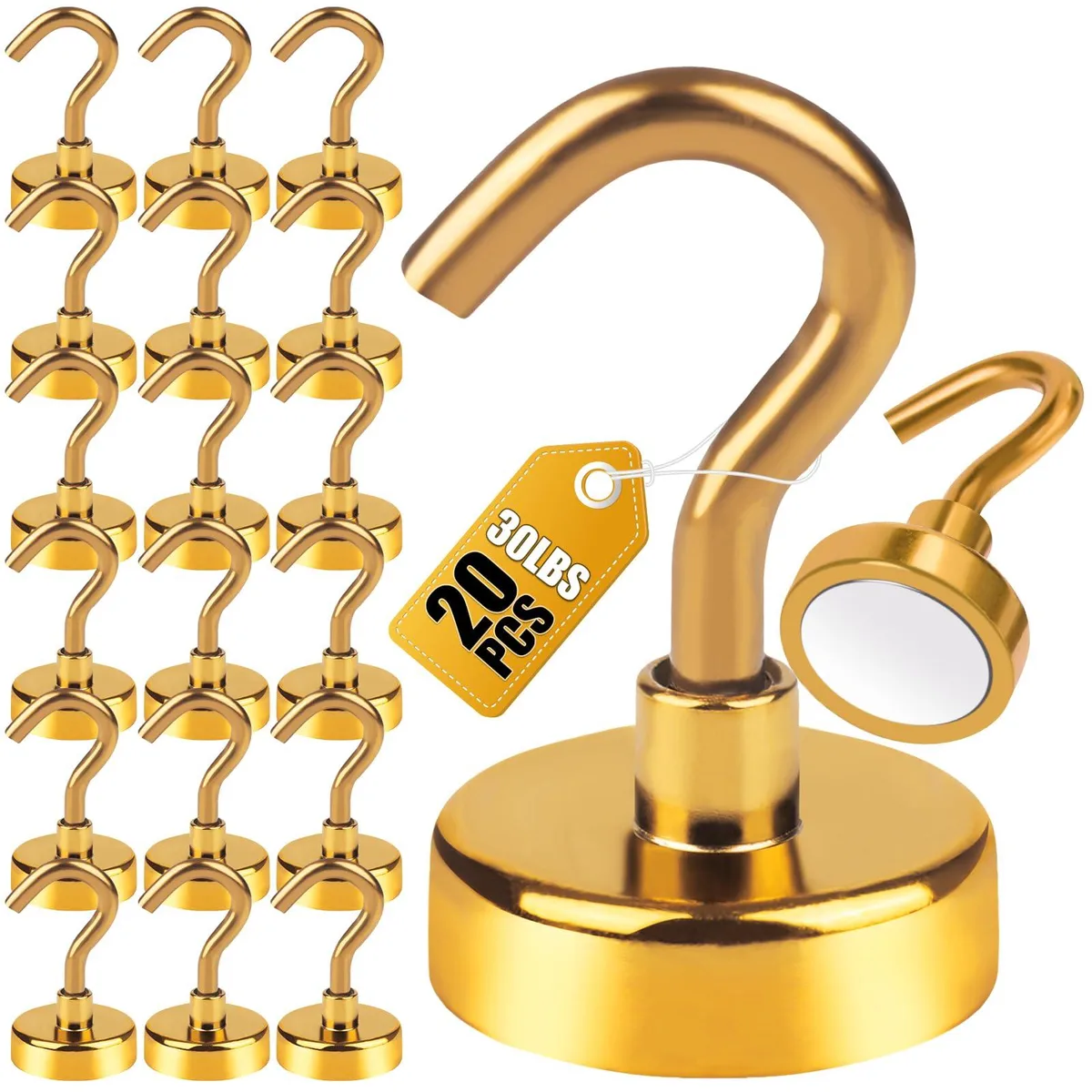 Twenty yellow magnetic hooks in a compact rectangular package