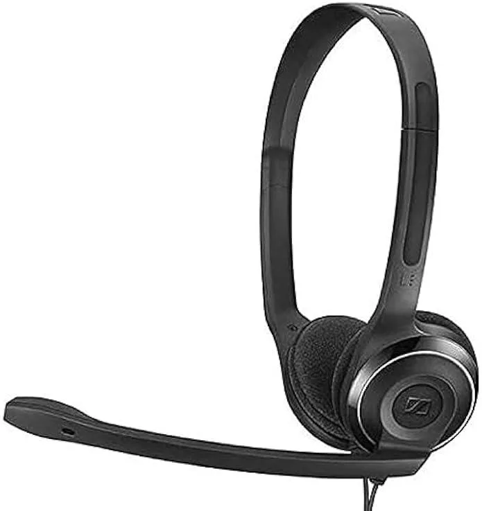 Small black USB stereo headset with adjustable headband, padded ear cups, flexible boom microphone and in-line volume mute control