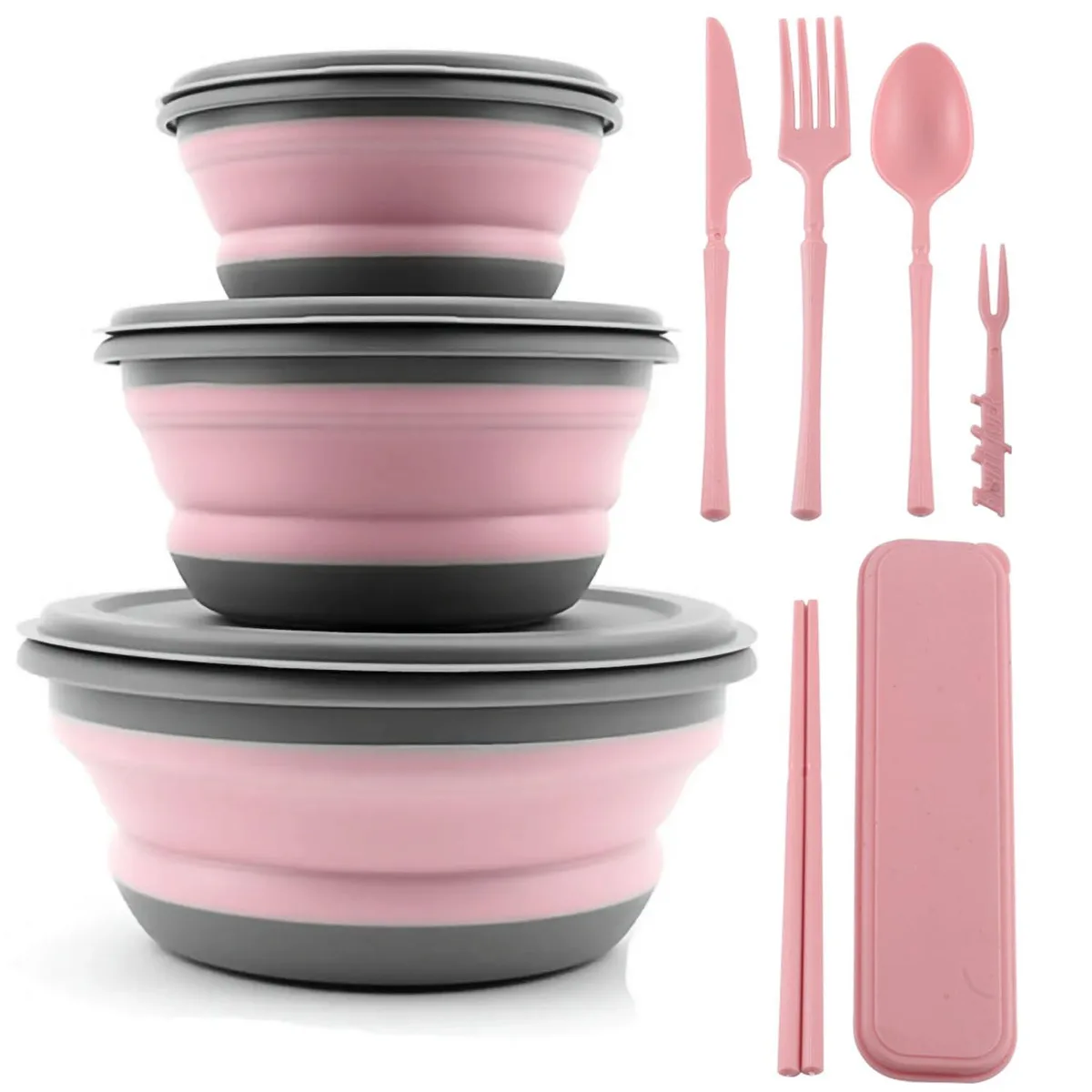 Three collapsible silicone bowls with lids and utensils in brown and red