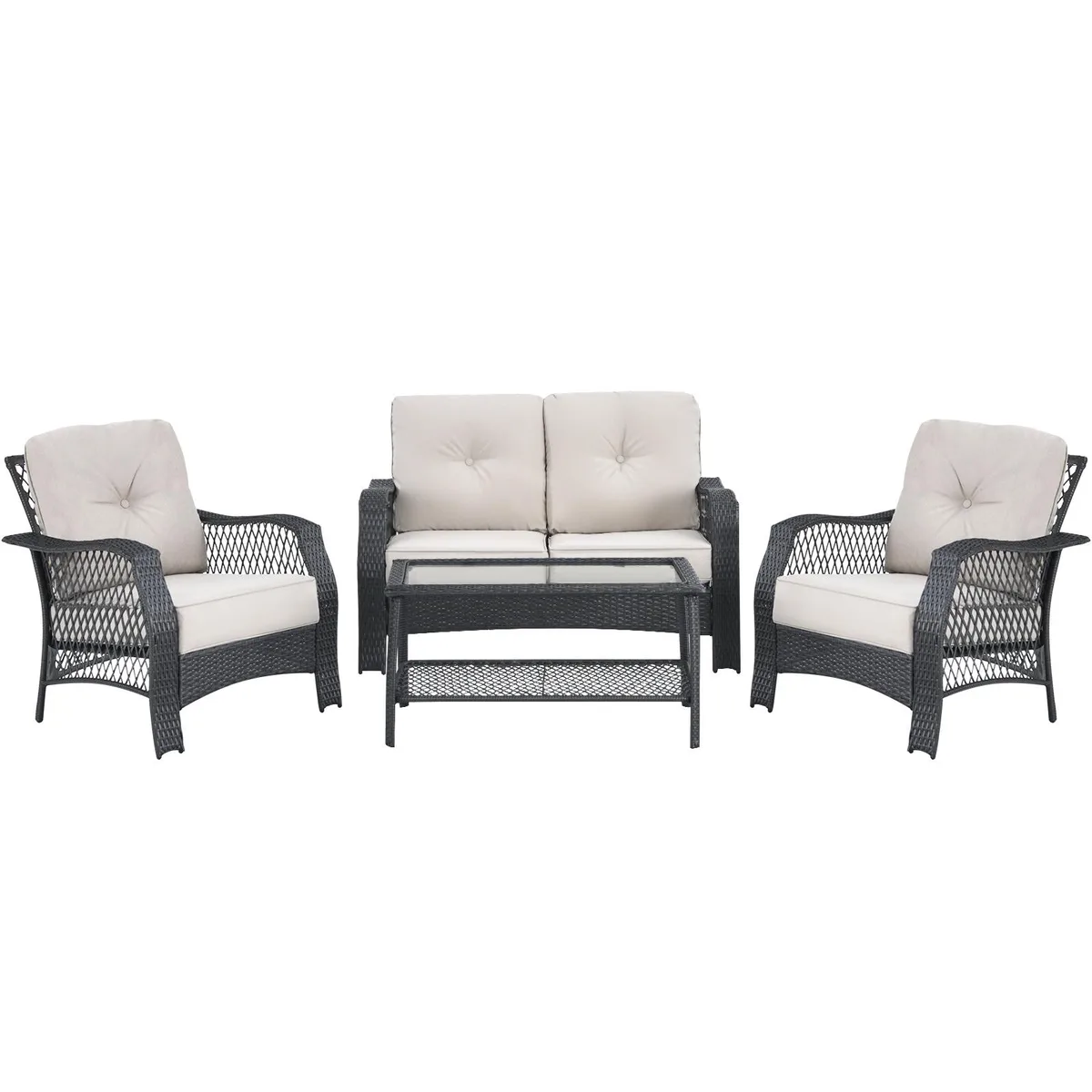SlickBlue SlickBlue 4-Piece Patio Wicker Set Beige Cushions Black Rattan — product photo
