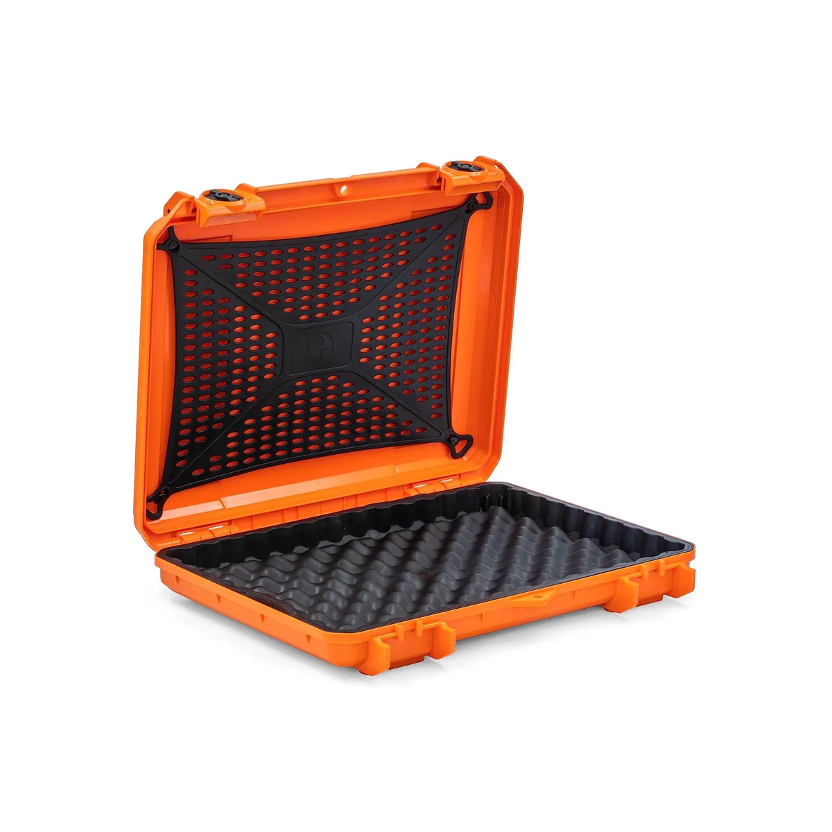 Orange hard-shell laptop micro case with padded interior and dual latches