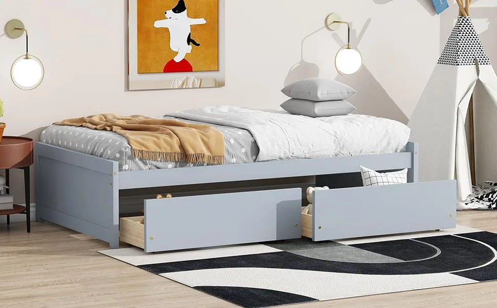 Twin bed frame in grey rubber wood with two rolling drawers underneath