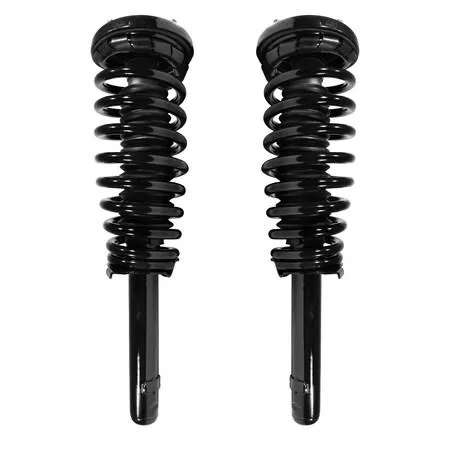 Pair of silver front strut assemblies with black coil springs and top mounts