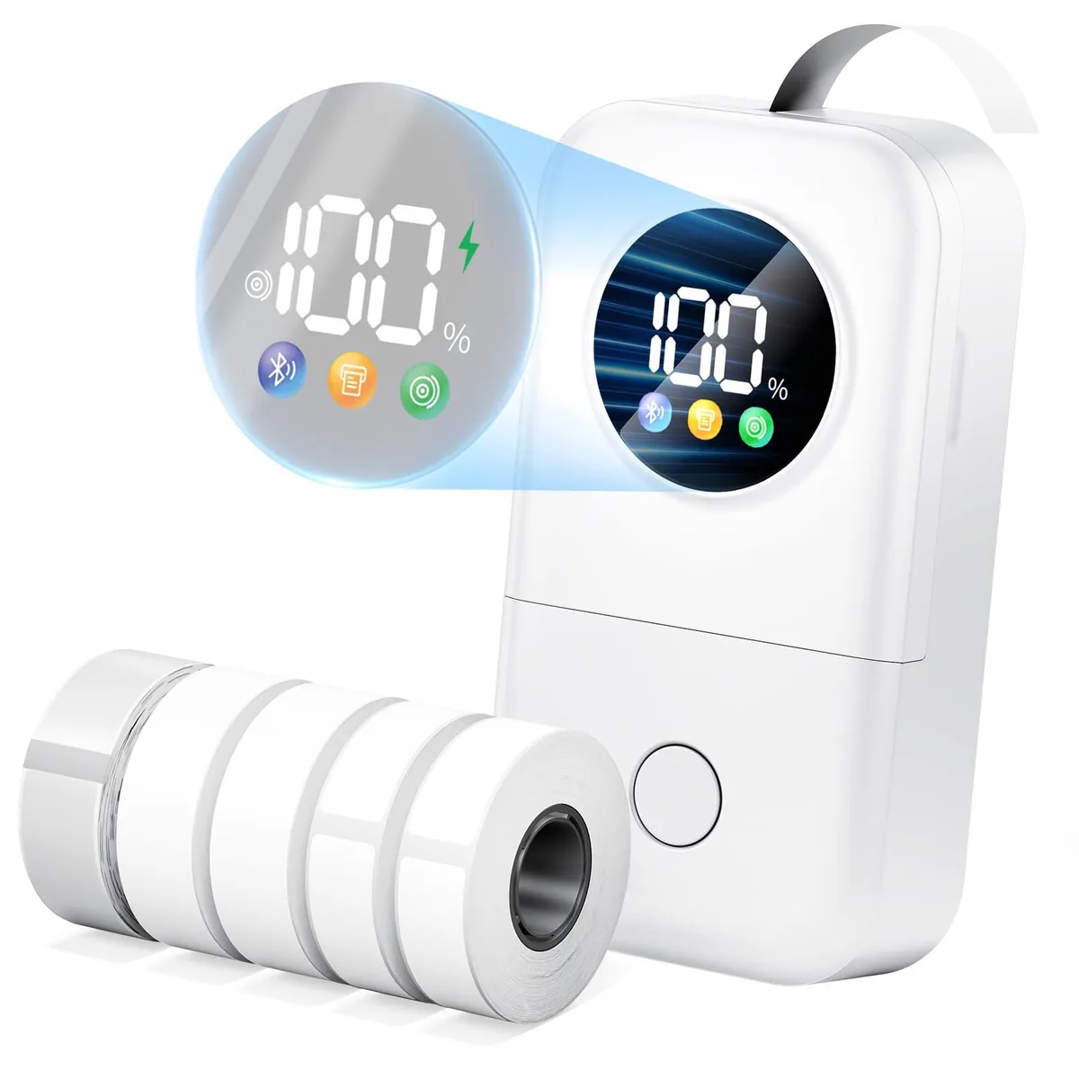Compact white label printer with a small LED screen on the front
