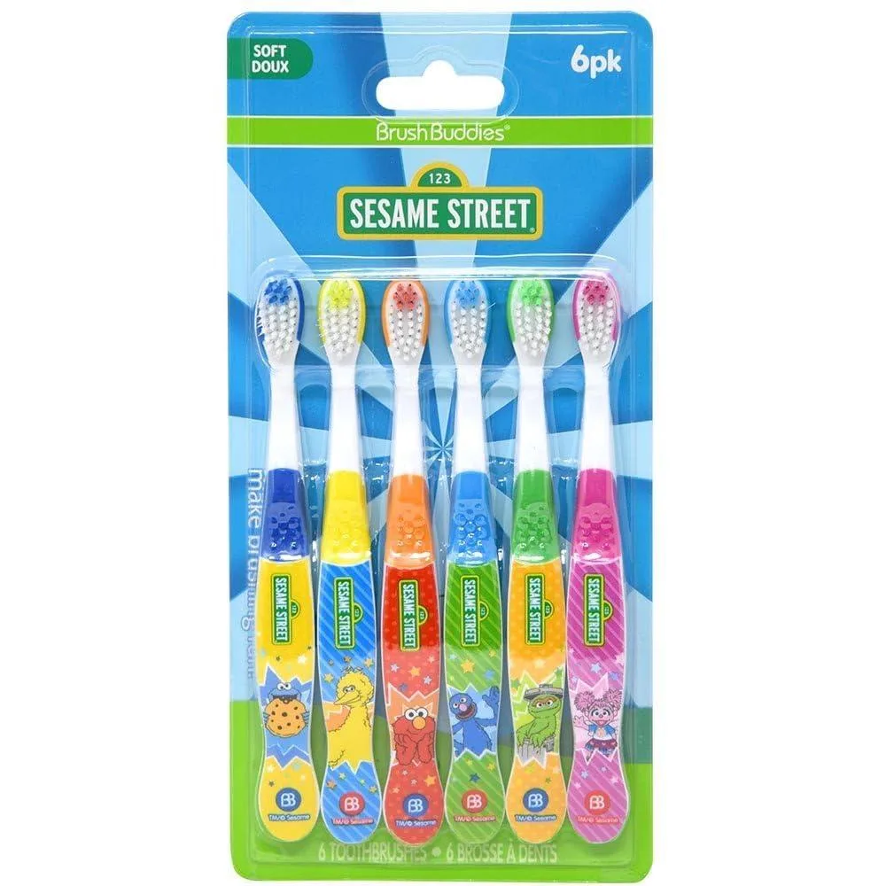 Six multicolour manual toothbrushes with soft bristles and character handles
