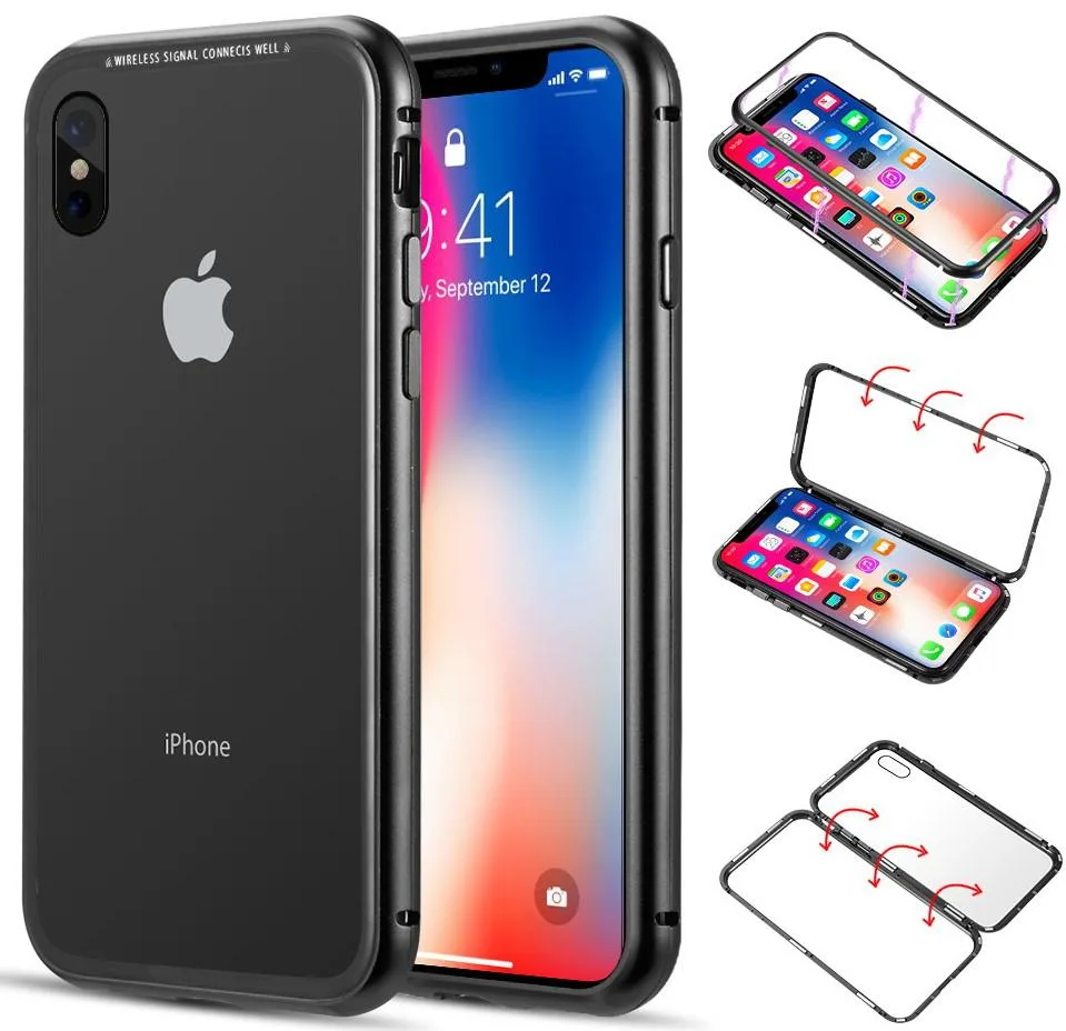 Nakedcellphone Nakedcellphone Magnetic Snap Case Tempered Glass Back Black for iPhone Xs iPhone X — product photo