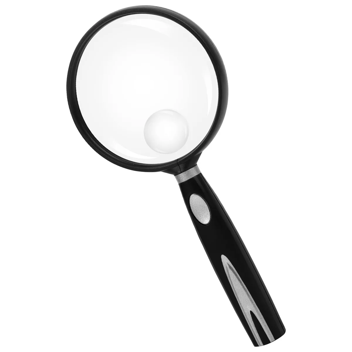Silver handheld magnifier with 75mm acrylic lens and non-slip handle
