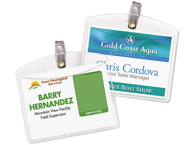 Clear horizontal plastic badge holders with clips in a box of 100