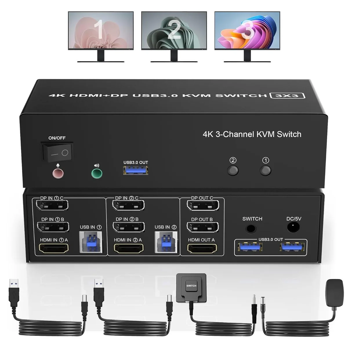 WRIARICH WRIARICH HDMI + 2 DisplayPort USB 3.0 KVM Switch Triple Monitor 2 Computers 4K@60Hz — product photo