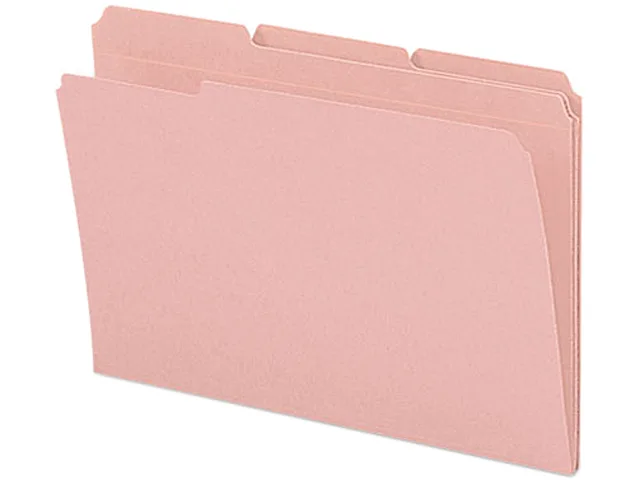 A stack of one hundred pink legal-size file folders with reinforced top tabs
