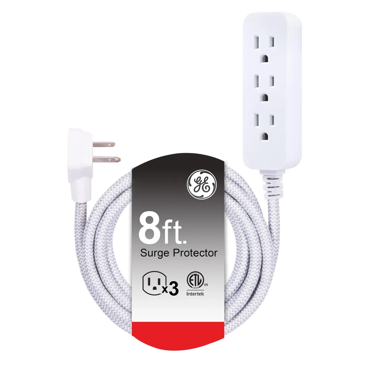  GE 38433 3-Outlet Power Strip 8 Ft Braided Cord White — product photo