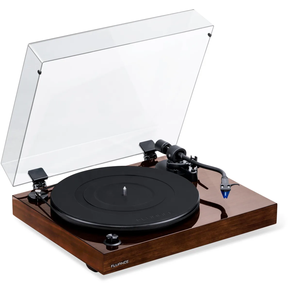 Fluance RT84W turntable in walnut finish with S-shaped tonearm and metal platter