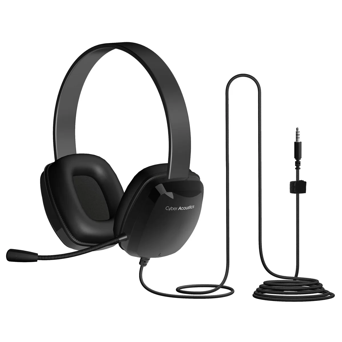 Black on-ear stereo headset with flexible boom mic and braided cable