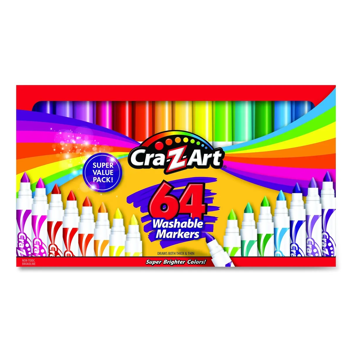 Cardboard box of 64 washable broad bullet tip markers in assorted colours