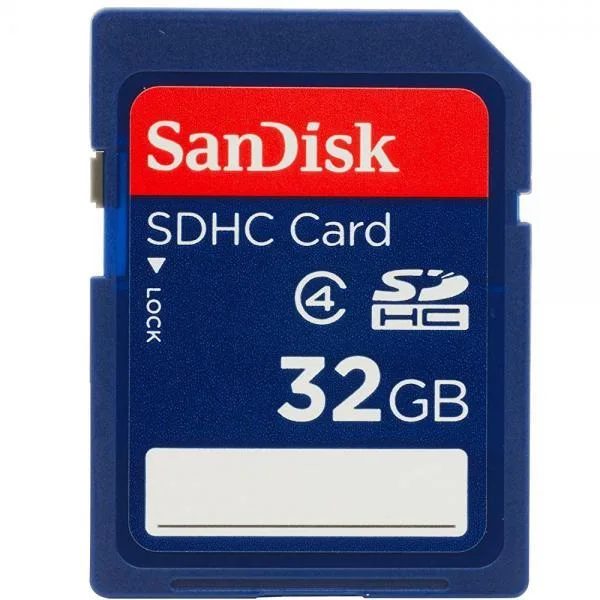 SanDisk 32GB Class 4 SDHC card in retail packaging