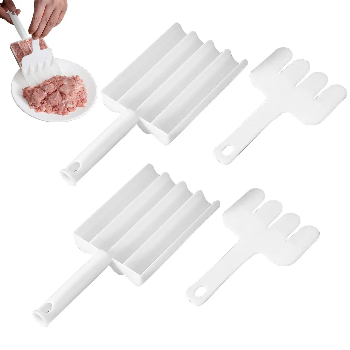 Two white plastic meatball makers with matching cutting spades, each 19.5 by 8.3 cm, three scoops per maker