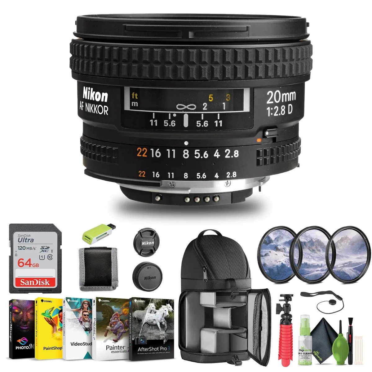 Nikon Inc Nikon AF NIKKOR 20mm f/2.8D Lens (1913) Bundle with 64GB Card, Filter Kit, Backpack — product photo