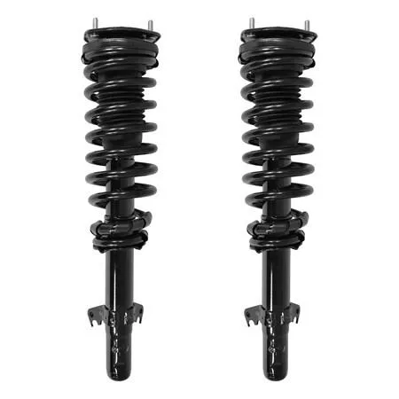 Two front strut assemblies with coil springs and top mounts, silver finish