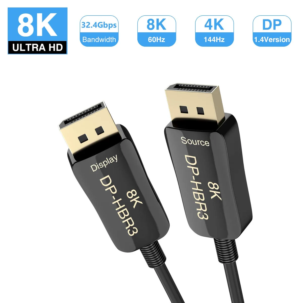 ESTONE ESTONE DisplayPort Fiber Optic Cable 100ft 8K 60Hz 4K 144Hz DP 1.4 32.4Gbps Black — product photo